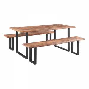 Set : Τραπέζι 180x90cm + 2 Πάγκοι Μέταλλο Βαφή Μαύρο / Dark Acacia